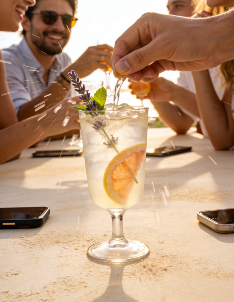 Bright citrus cocktail with lemon and lime at an outdoor wedding bar